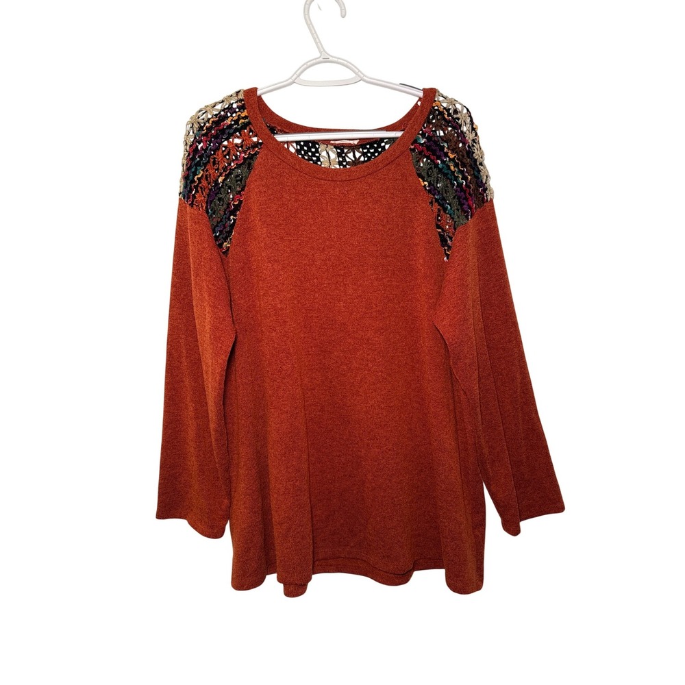 Otavalo Womens 3XL Rust Orange Crochet Yoke Knit Sweater Pullover Boho Plus Size